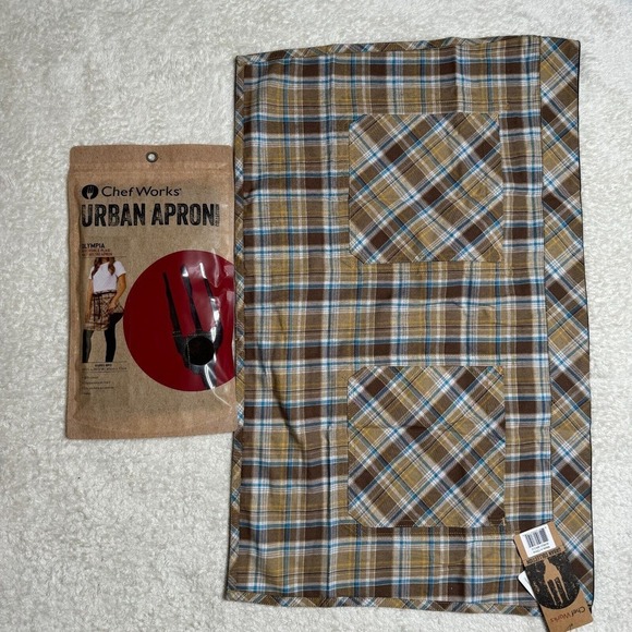 Chef Works Half Bistro Apron Olympia Reversible Plaid NEW Brown Blue Pockets - Picture 1 of 6
